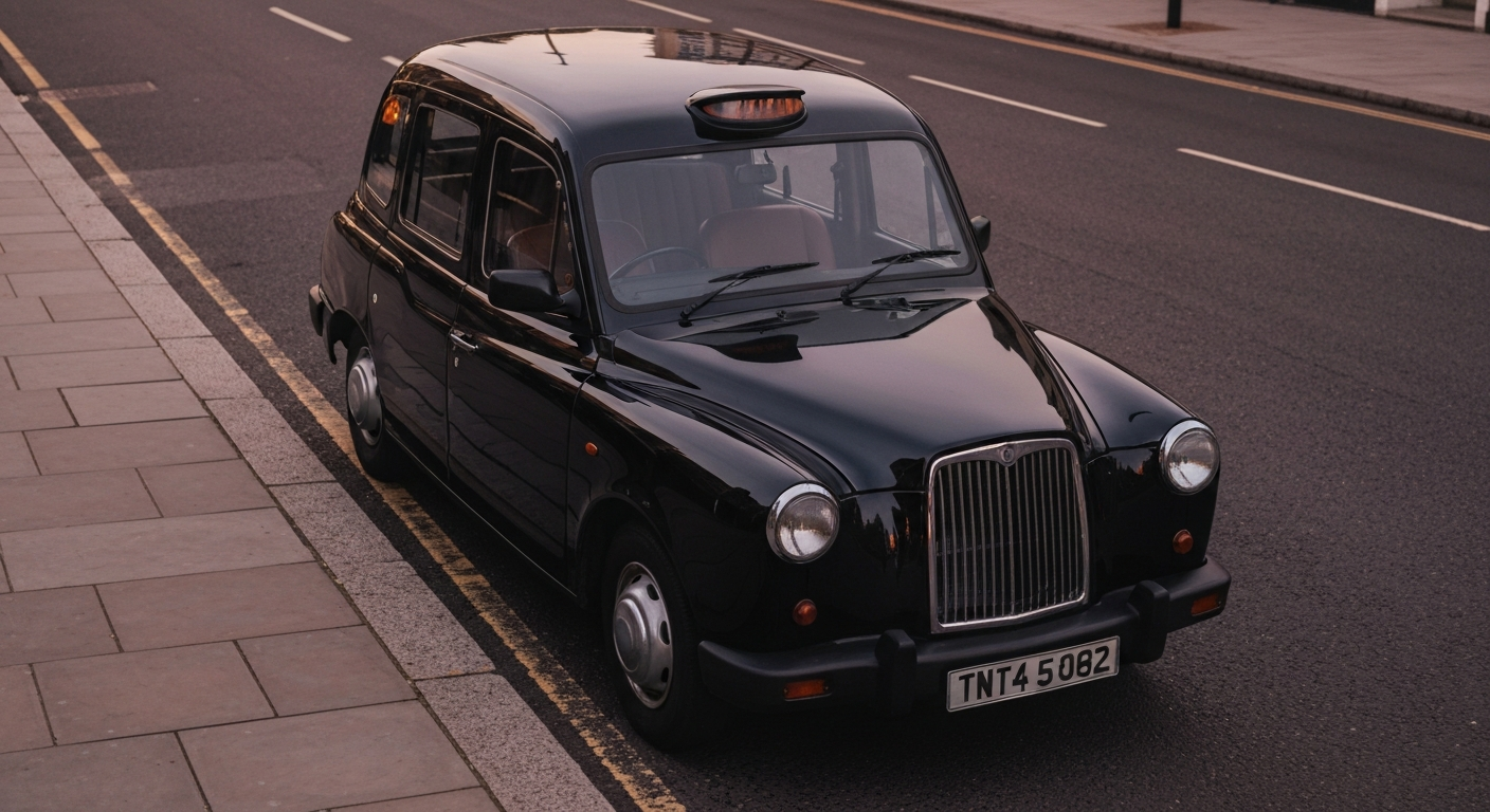 UK taxi rank photograph in low evening light.
