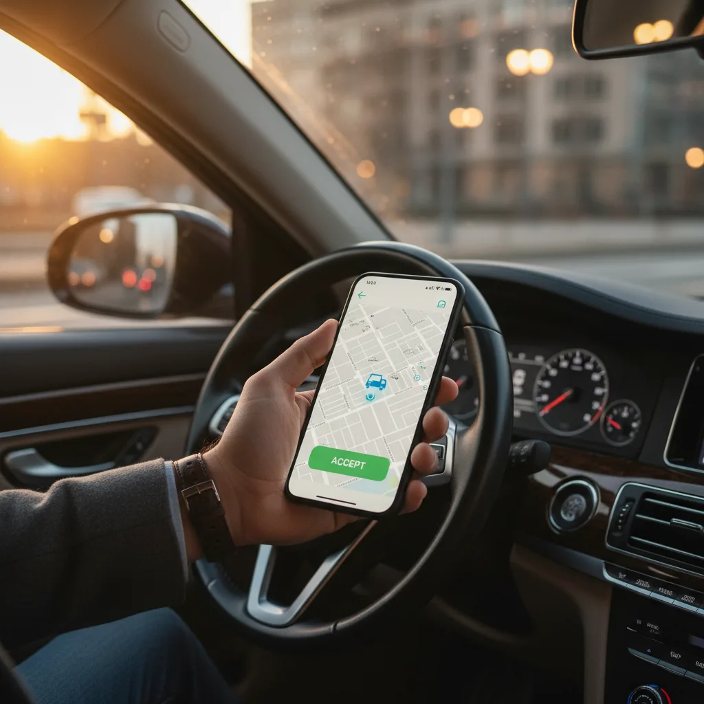 Driver accepting a taxi job on a smartphone inside a saloon car